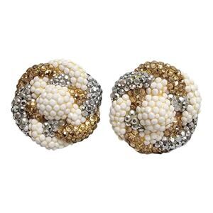 Richard Kerr Vintage Swirl Knot Domed Beaded Rhinestone Clip On Earrings